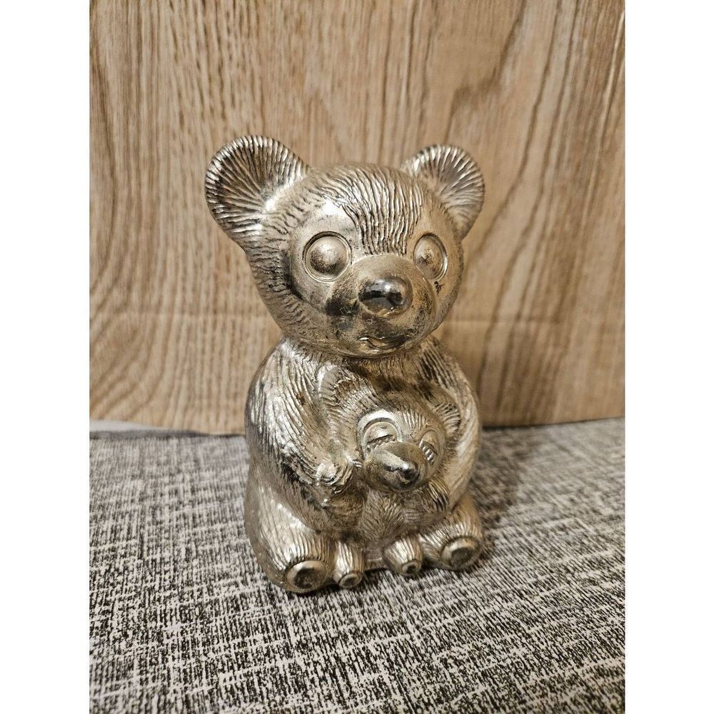 Vintage Silver plate Teddy Bear Shaped Money Bank Mama Bear & Baby Bear